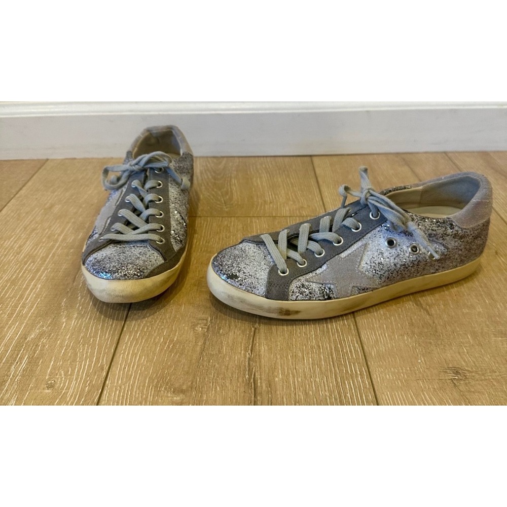 GOLDEN GOOSE Super Star Silver Glitter ice gray Skater Sneakers Sz 9 $675 Celebs
